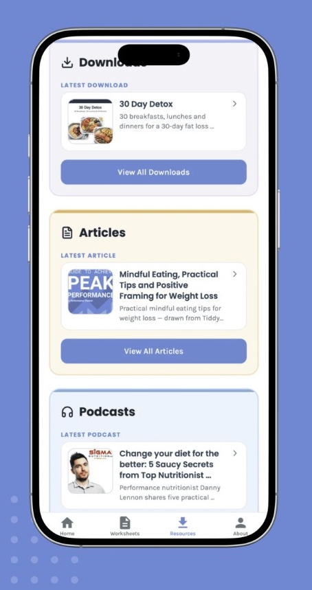 Downloads, articles, and podcasts in the Resources tab